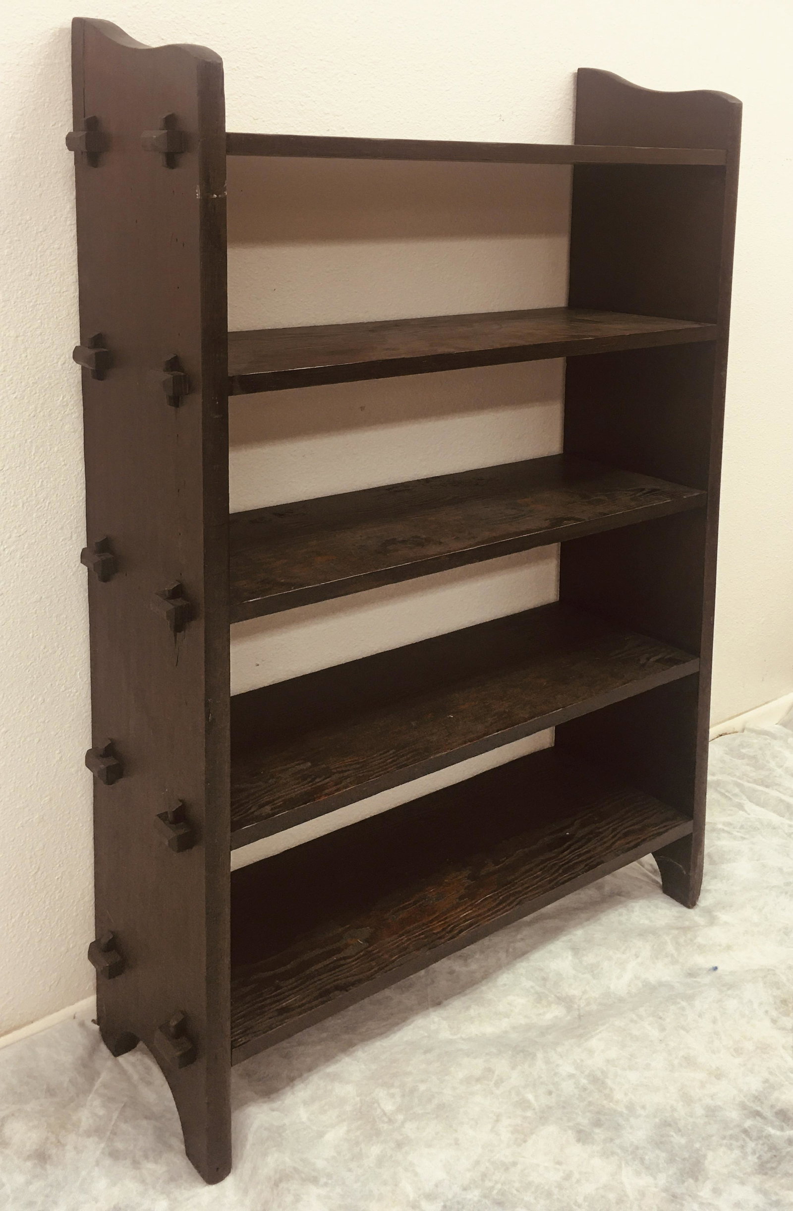 Large fir open bookcase: five shelves with tenon key construction. Original finish Dimensions: 60”h x 11”d x33”w