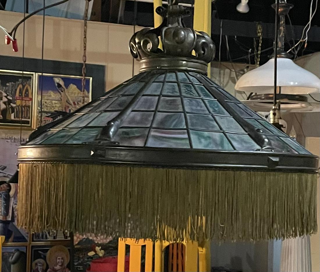 John Morgan & Sons leaded fixture: Extraordinary Arts & Crafts leaded glass light fixture with Van Erp style straps overlapping the leading. No damage of any kind. Replaced socket cluster cap. Dimensions: 27”diameter x 2” d