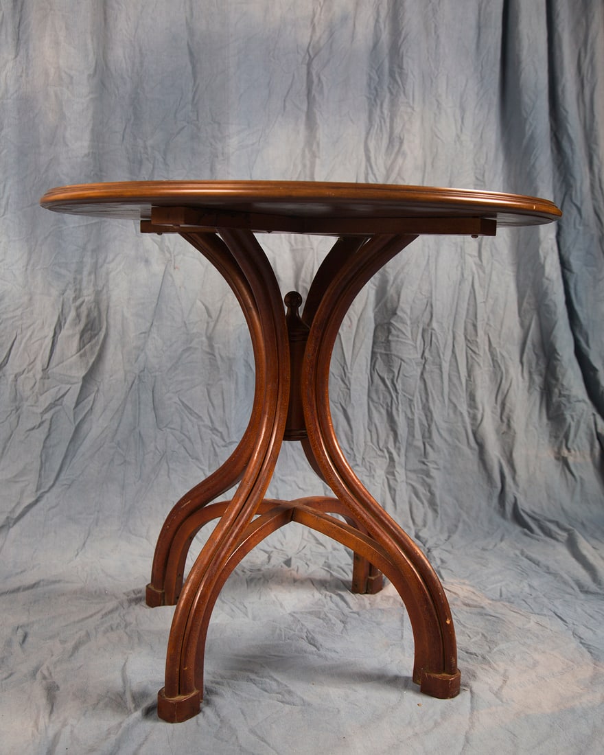 Adolf Loos bentwood table: Adolf Loos bentwood table for J&J Kohn. Made in Poland label. Original finish with replaced top. Dimensions: 36″D x 30″ h