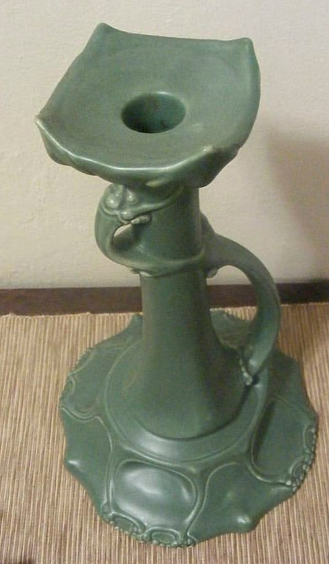 Inportant Julius Dressler Austrian candle holder: Art Nouveau/Jugensteil Teco green organic form. Signed Ausrtia and Makers signature on bottom. Dimensions: 12.5″h x 3″d