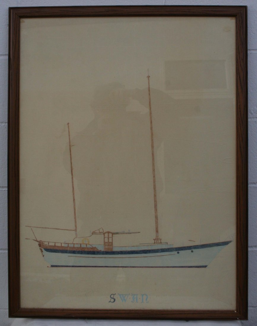 Architectural Elevated Ship Design: Swan” Marine architect hand drawn elevation of a motor sloop. Faded text. Framed.
