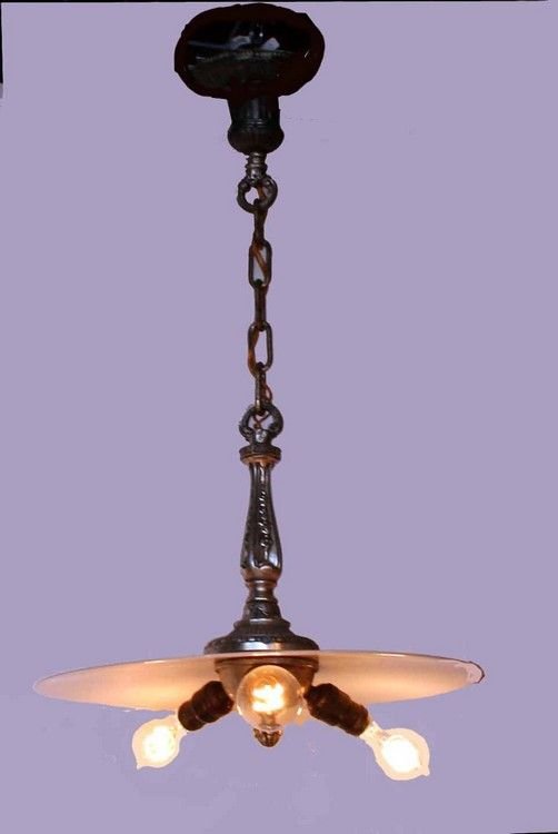 Silver 3 Light Pendant: Rare original silver plated industrial ceiling pendant with period 18” white opal glass shade. 18” Wide x 32"Long