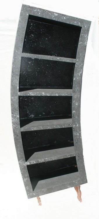 Tilt Cabinet: Memphis style 1980’s tall bookshelf. Speckled metal finish over wood. 110” High x 38" Wide x 18" Deep