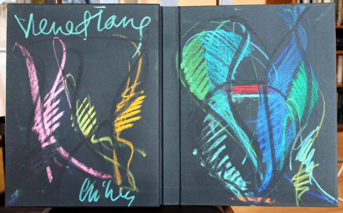 “Venetians” by Dale Chihuly & Lino Tagliapietra: A first slipcased edition of Dale Chihuly book “Venetians” with original pastel drawings signed by Chihuly. inside the cover of the slipcase and bold signature by Lino Tagliapietra on the front pa