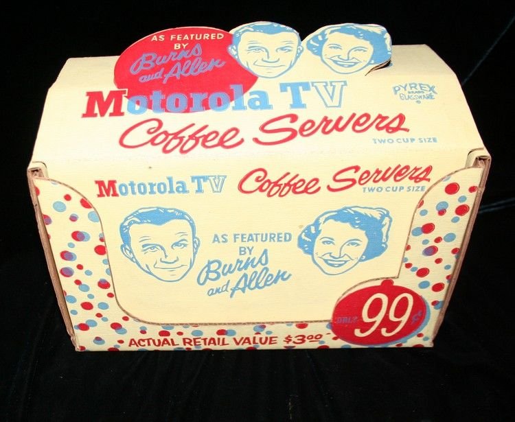Motorola TV Coffee Servers with Cups: Complete retro set of coffee carafes in colorful original box. 7” High x 9.5” Long x 5” Wide.