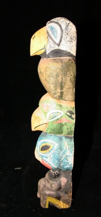 Northwest Native Small Totem Pole: Vintage polychrome 3 figure carved small pole. 9.5”