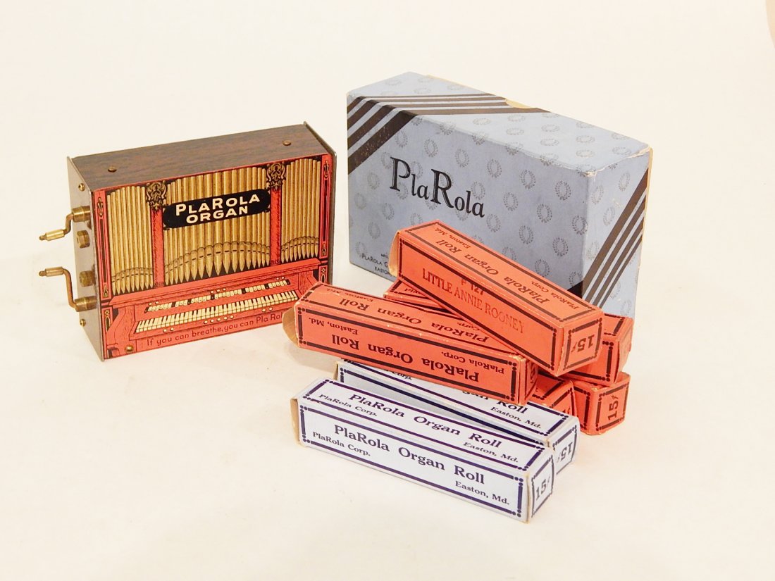 "PlaRola" Tin Litho Paper Roll Organ w/ 6 Rolls (1 of 2)