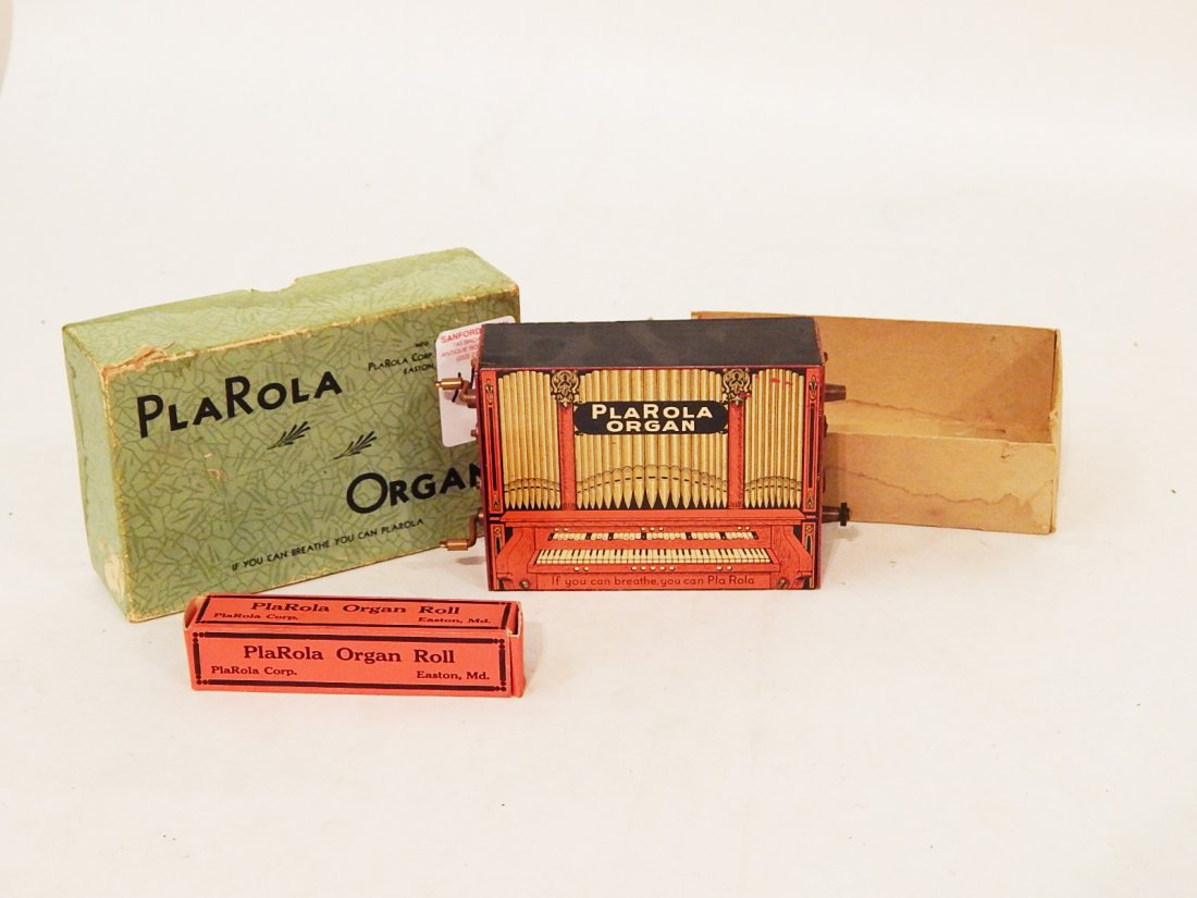 "PlaRola" Tin Litho Paper Roll Organ w/ 1 Roll (1 of 2)