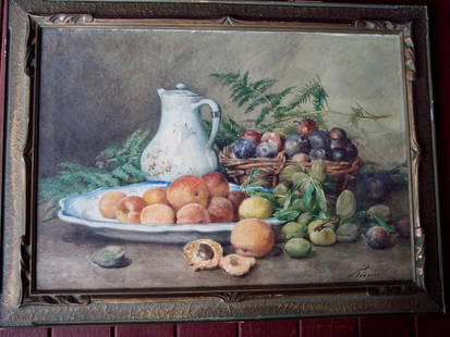 SIGNED FRANCOIS RIVOIRE WATERCOLOR STILL LIFE: VERY WELL DONE SIGNED FRANCOIS RIVOIRE WATERCOLOR STILL LIFE OF FRUIT 19.5 X26 OVERALL 15X22 CANVAS SIZE 15X22