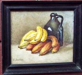 SIGNED EVELYN PURDIE "BANANAS" WATERCOLOR: SIGNED EVELYN PURDIE "BANANAS" WATERCOLOR CAMBRIDGE MA ARTIST VERY FINE MINIATURIST PAINTER New England HONORS. 6 X6