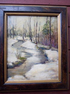 UNSIGNED OIL ON CANVAS OF New England WINTER STREAM: VERY WELL DONE UNSIGNED OIL ON CANVAS OF New England SNOW COVERED WINTER STREAM 9.5 X 7.5