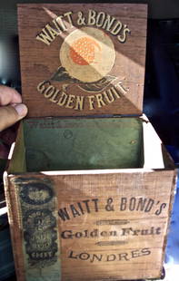 19 C DECORATED WOODEN BOX - WATTS & BONDS FRUIT: 19 C DECORATED WOODEN BOX - WATTS & BONDS FRUIT WITH TAX STAMP 6 X 6