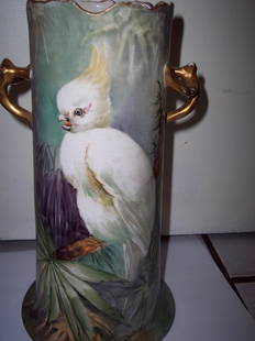 SIGNED M.BRILLE, HAND PAINTED AMERICAN PARROT VASE: SIGNED M.BRILLE, HAND PAINTED AMERICAN PARROT VASE 11 X 6 OVEREALL