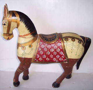 ANTIQUE AMERICAN HAND CARVED & PAINTED TOY HORSE: ANTIQUE AMERICAN HAND CARVED & HAND PAINTED WOODED TOY HORSE 19 TALL 17 LONG 5 WIDE