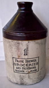 # 1 FRANK BREWER, QUINCY, MA STONEWARE JUG: # 1 FRANK BREWER GROCERIES AND PROVISIONS QUINCY, MA STONEWARE JUG 12" TALL