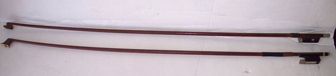 SIG HOYER & SIG SYMPHONY SILVER MOUNTED VOILIN BOWS: SIG HOYER & SIG SYMPHONY SILVER MOUNTED VOILIN BOWS 29" LENGTHIN PICTURE BOTTOM BOW SIGNED HOYER- TOP BOW SIGNED SYMPHONY