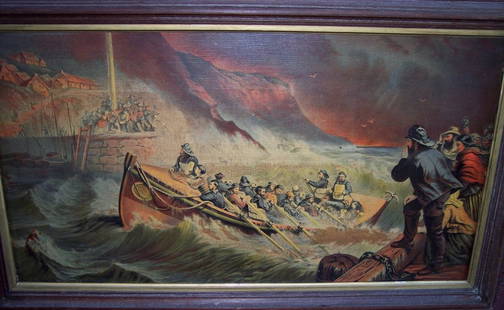 19TH C CHROMO LITHO OF LIFEBOATS RESCUING PEOPLE: 19TH C CHROMO LITHO OF LIFEBOATS RESCUING PEOPLE BY ARMSTRONG & CO - BOSTON 19 X 32 OVERALL 15 X 28 SHEET SIZE