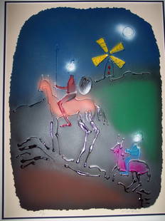 PENCIL SIG. ARTIST PROOF MIXED MEDIA OF DON QUIOTE: PENCIL SIG. ARTIST PROOF VINTAGE LITHO MIXED MEDIA OF DON QUIOTE ON HAND MADE WATER MARKED PAPER 31 X 24 FRAMED SHEET SIZE 24X 19