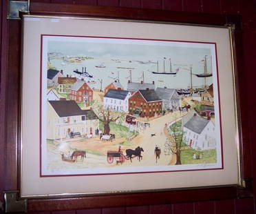 SIGNED WILL MOSES FOLK ART COLORED LITHOGRAPH: SIGNED WILL MOSES FOLK ART COLORED LITHOGRAPH OF TOWN BY THE OCEAN WITH CROOKED STEETS, HORSE DRAWN CARRIAGES AND TALL SHIPS IN THE BACKGROUNDTHIS LITHOGRAPH SIGNED IN PENCIL BY WILL MOSES AND IS