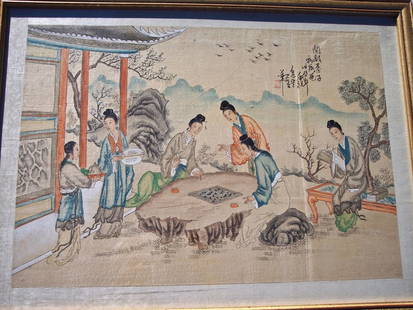 FINE ANTIQUE CHINESE PAINTING ON SILK: FINE ANTIQUE CHINESE PAINTING ON SILK OF 5 WOMEN PLAYING GAMES & LEISURE ACTIVES WITH ARTIST SEAL AND TEXT118 X 24