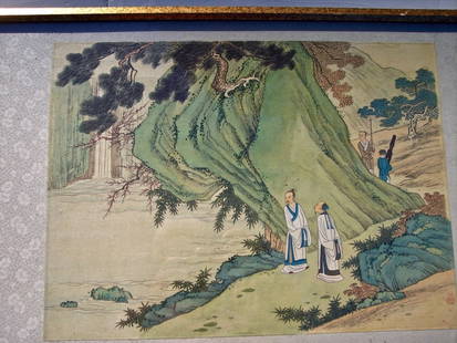 FINE ANTIQUE CHINESE LANDSCAPE PAINTING ON SILK: FINE ANTIQUE CHINESE LANDSCAPE PAINTING ON SILK 17 X 26 FRAMED 13.5 X 18 SHEET SIZE