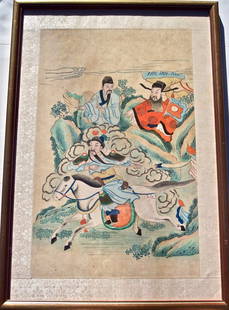 19THC CHINESE PAINTING OF WARRIOR IN A FAST GALLOP: 19TH CENTURY CHINESE PAINTING ON HAND MADE PAPER OF WARRIOR IN A FAST GALLOP WITH TWO FIGURES WATCHING FINE COLORS 19.5 X 13.5