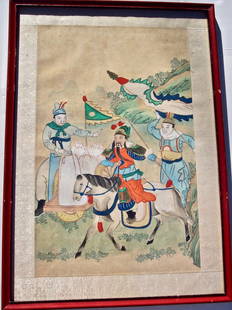 19THC CHINESE PAINTING OF WARRIOR ON HORSEBACK: 19TH CENTURY CHINESE PAINTING ON HAND MADE PAPER OF WARRIOR IN A FAST GALLOP WITH TWO FIGURES WATCHING FINE COLORS 19.5 X 13.5