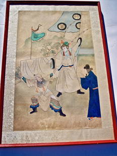 19THC CHINESE PAINTING OF DANCERS: FINE QUALITY 19TH CENTURY CHINESE PAINTING OF DANCERS ON HAND MADE PAPER19.5 X 13.5
