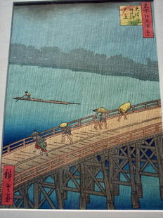 HIROSHIGE, UTAGAWA (ANDO) BLOCK PRINT BRIDGE SHOWER: Hiroshige, Utagawa (Ando) (Jpn. 1797 - 1858). 100 Famous Views of Edo: Ohashi Atake no yudachi [Sudden Shower over Ohashi and Atake].With artist chop, publisher's seal, QHASHI (BIG BRIDGE) AT ATAKE