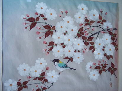SIG. VINTAGE FINE QUALITY CHINESE PAINTING ON SILK BIRD: VINTAGE FINE QUALITY CHINESE PAINTING ON SILK OF PRETTY BIRD PERCHED ON A BRANCH OF A TREE IN FULL FLOWERS -- SIGNED WITH ARTIST BLIND STAMP AND SIGNATURE18 X 22 FRAMED. 13 X 16 VISIBLE IMAGE