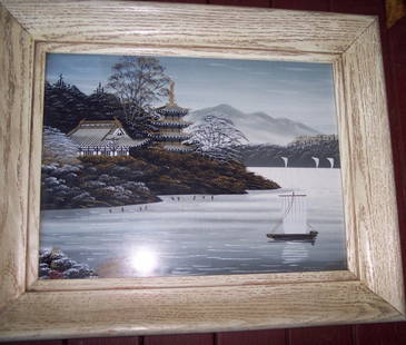 SIG. VINTAGE CHINESE REVERSE ON GLASS PAINTING SEASCAPE: SIG. WITH ARTIST BLIND STAMP -- A VINTAGE, FINE QUALITY CHINESE REVERSE ON GLASS PAINTING -- SEASCAPE IN ORIGINAL STAINED WHITE OAK FRAME17 X 20.5 FRAMED. 11 X 15 IMAGE