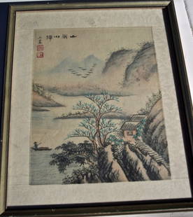 FINE QUALITY VINTAGE CHINESE LANDSCAPE PAINTING: FINE QUALITY VINTAGE CHINESE LANDSCAPE PAINTING WITH MOUNTAINS, LAKE AND BOATARTIST BLIND STAMP. 11 X 9 FRAMED. 8 X 6 SHEET SIZE