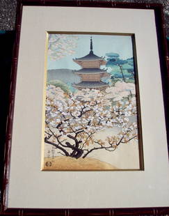 VINTAGE JAPANESE WOODBLOCK IN COLORS PAGODA & TREE: VINTAGE JAPANESE WOODBLOCK IN COLORS FEATURING A PAGODA HIDDEN BEHIND A BLOSSOMING FLOWERING TREE. ARTIST BLIND STAMP & SIGNATURE FINE ORIGINAL JAPANESE CARVED FRAME AND PULLED AT THE UCHIDA ATELIER
