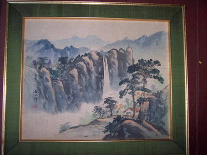 ARTIST SIGNED 19TH CENTURY CHINESE MOUNTAIN LANDSCAPE: 19TH CENTURY CHINESE MOUNTAIN LANDSCAPE WITH ARTIST BLIND STAMP AND SIGNATURE --PAINTED ON SILK -- FINE QUALITY22 X 25.5 FRAMED. 17 X 20.5 IMAGE SIZE