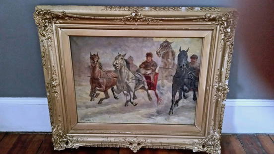 FREDERICK MORTIMER LAMB PAINTING SLEIGH & HORSES: FREDERICK MORTIMER LAMB PAINTING SLEIGH & HORSES27 X 33.5 FRAMED 18 X 24 CANVAS SIZE