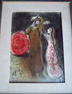 1969 MARC CHAGALL STONE ORIGINAL LITHOGRAPH: HUDSON LABEL ON BACK ALSO ON BACK IS A SMALL CARD WITH CHAGALL'S SIGNATURE IN PENCIL AND A DESCRIPTION IN FRENCH OF THE PICTURE (THIS IS THE WAY CHAGALL WRITES HIS SIGNATURE) ---18 X 14.5 FRAMED