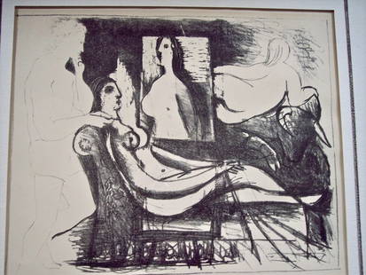 PICASSO LITHOGRAPH 1930 LE PEINTRE ET SON MODELE: PABLO PICSSO LE PEINTRE ET SON MODELE (BLOCH 98), LITHOGRAPH, 1930, APROOF ASIDE FROM THE EDITION OF 50 PUBLISHED IN PABLO PICASSO BY EUGENIO D'ORS, SIDE MARGINS FOLDED BACK, BROWN PAPER,TAPE HINGES