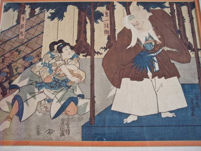 EARLIY JAPANESE COLOR WOOD BLOCK WITH SEVERAL SEALS: HI QUALITY ANTIQUE JAPANESE WOOD BLOCK WITH MANY SEALS AND WRITING -- PRINTED ON HAND MADE PAPER ---17 X 19 FRAMED 10 X 14 VIEWABLE AERA