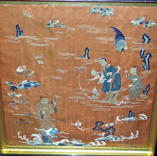 FRAMED ANTIQUE CHINESE SILK TAPESTRY: FRAMED ANTIQUE CHINESE SILK TAPESTRY WITH DRAGONS, GODS, & RABBITS, - 18.5" X 16.5"