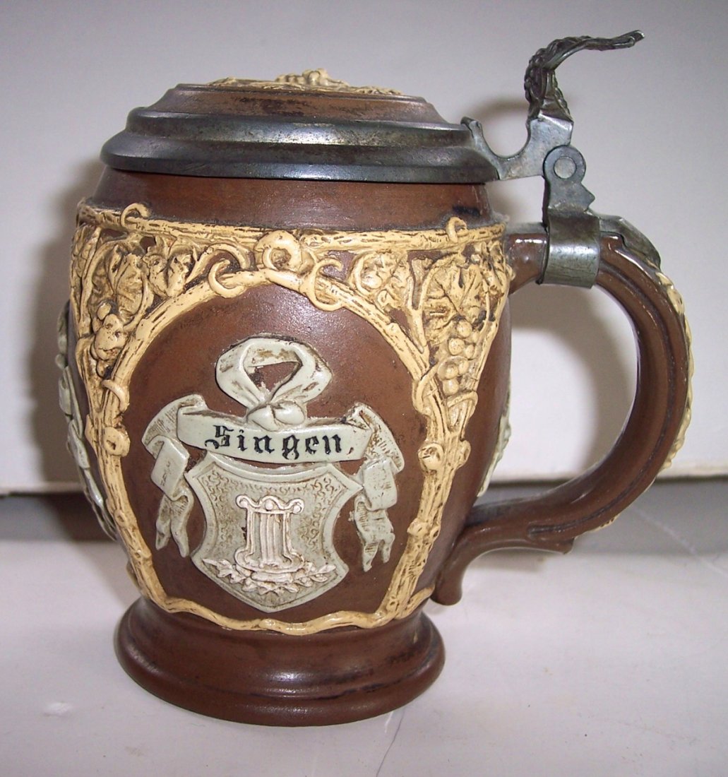 VILLEROY & BOCH JASPERWARE METTLACH STEIN: 5" TALL VILLEROY & BOCH JASPERWARE METTLACH STEIN WITH CREST AND SCROLL WORK - MERCURY MARK