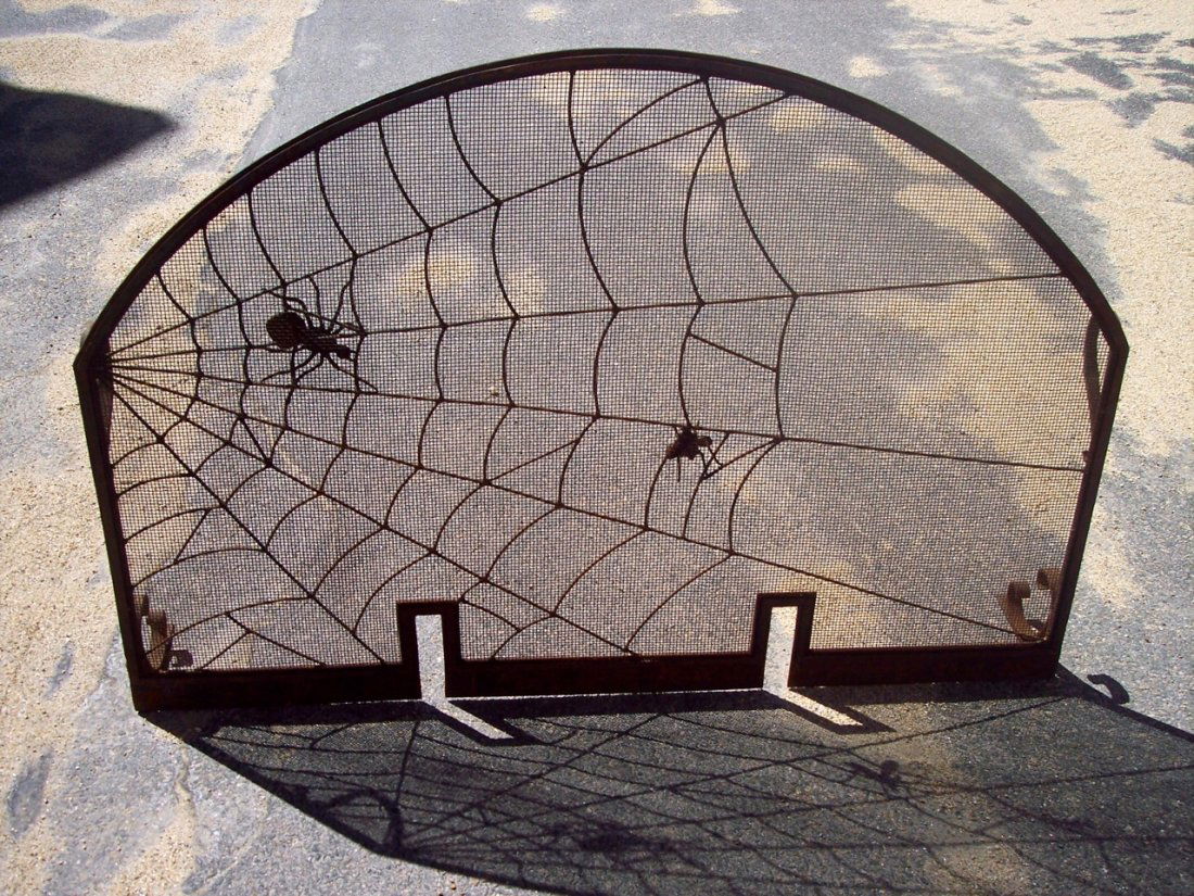 FOLK ART ANTIQUE COBWEB, SPIDER AND FLY FIRE SCREEN: 31" X 47" ANTIQUE CRAFTSMAN MADE COBWEB, SPIDER AND FLY MOTIF FIRE SCREEN - 5" FULL BODIED SPIDER ALONG WITH 3" FULL BODIED FLY - UNIQUE FOLK ART PIECE