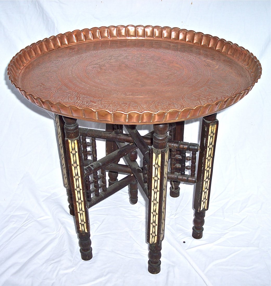 19 CENTURY INLAID PERSIAN STAND W/COPPER TOP: 19 CENTURY 22" PERSIAN SCOLLOPED COPPER TRAY WITH ETCHED PERSIAN DESIGNES ON AN INLAID PERSIAN STAND