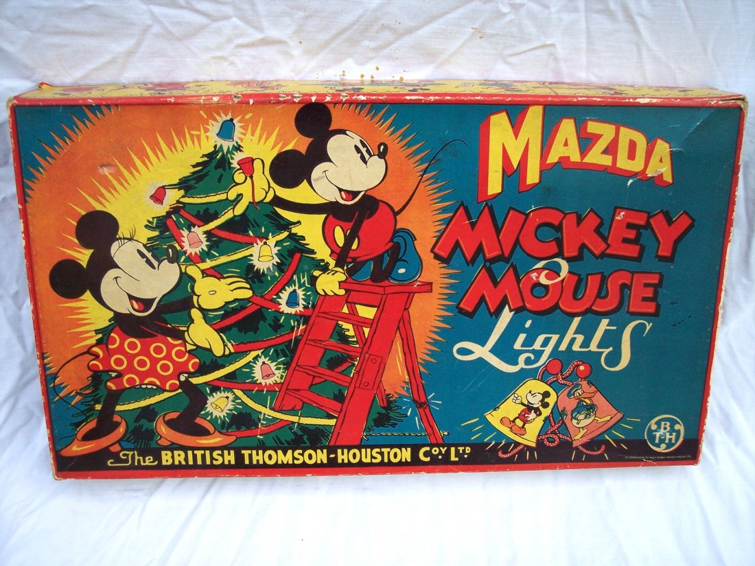 LITHOGRAPH MAZDA MICKEY MOUSE LIGHTS IN BOX: LITHOGRAPH MAZDA MICKEY MOUSE LIGHTS LIGHTS IN ORIGINAL BOX - LIGHTS NEVER TOUCHED - LITHOGRAPHY NEAR PERFECT
