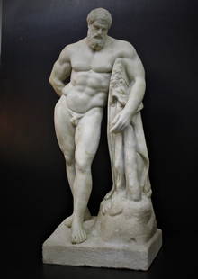 Sculpture of Hercules: White marble sculpture of Farnese Hercules, early 20th century, perfect in all parts, podded lower part. Dimensions:72x26x30cm. YOU CAN REQUEST FURTHER PHOTOS BY EMAIL.TO KNOW THE EXACT TRANSPORT