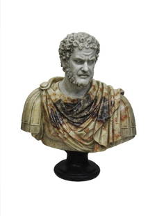 SCULPTURE BUST OF ANTONINO PIO: Bust Antonino Pio. Sculpture, Antonino Pio in marble, late 20th century, large Bust of a Roman in polychrome marble, with a bust in red snail, yellow Siena and very rare ancient green marble.