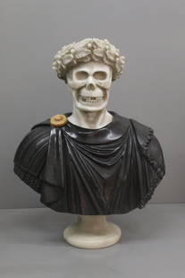 VANITAS: Beautiful sculpture of Vanitas in black marble and head in white marble, emperor skull with crown, all handmade in the mid-20th century. Dimensions: 74 Ã— 60 Ã— 30 cm. YOU CAN REQUEST