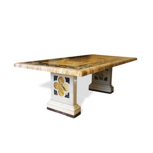 MARBLE TABLE: MARBLE TABLETable top with central bases in marble Broccatello di Siena and inserts in marble Breccia di Skyros Gatteggiante / Alabastro fiorito and Semesanto marble threaded in Giallo Antico and