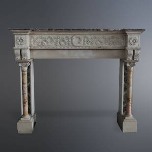 FIREPLACE IN VICENZA STONE: FIREPLACE IN VICENZA STONEVicenza stone fireplace with Antique Yellow columns inserts in Cipollino late 19th century. Dimensions: 160x135x44cm. Good condition - used with small signs of aging &