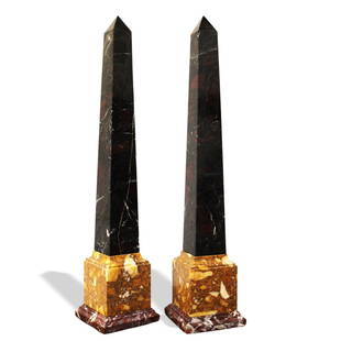 PAIR OF OBELISKS: Pair of obelisks, precious marbles, 20th century. Dimensions: 82x17x17cm. Good condition - used with small signs of aging & blemishes. YOU CAN REQUEST FURTHER PHOTOS BY EMAIL.TO KNOW THE