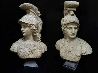 Pair of large busts: Pair of large stone busts depicting one Athena, the other Ares; parallelepiped-shaped black marble base.Italy, 20th century. - YOU CAN REQUEST FURTHER PHOTOS AND INFORMATION VIA EMAIL. ALL TRANSPORT